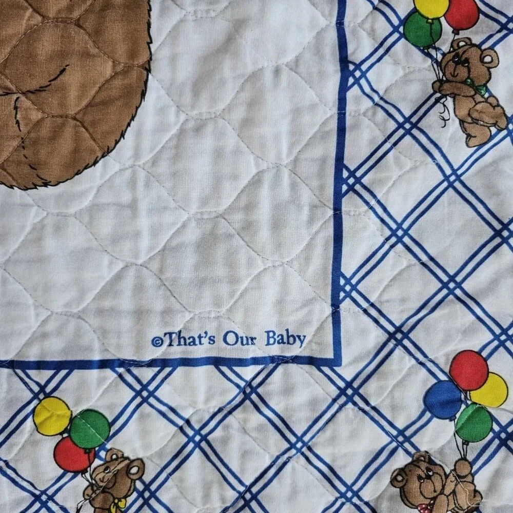 That’s Our Baby Quilted Crib Blanket Comforter Lovey Bear Balloons Vintage 80s